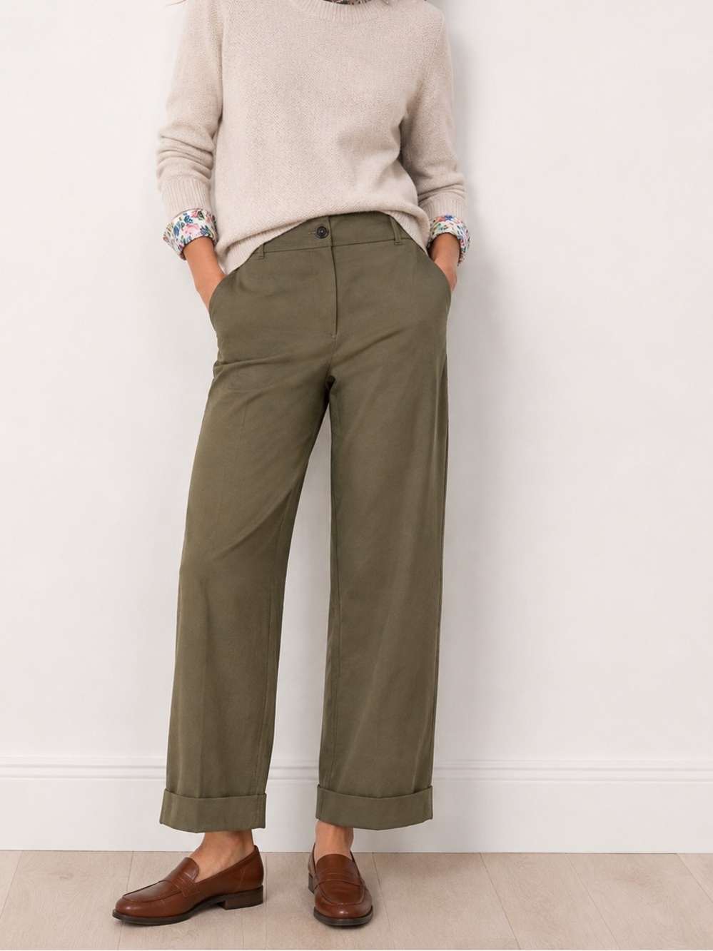 Boden khaki green cuffed trousers